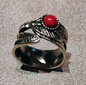 Native American Boho Red Coral Stone With Silver Feather